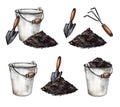 Garden tools, bucket and soil on white background. Watercolor illustration